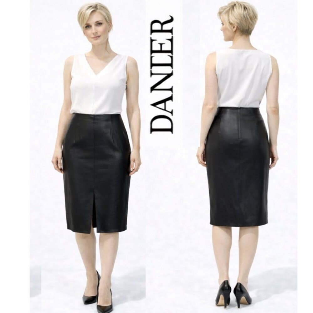 Danier Black Leather Pencil Skirt Front Slit Classic Midi 6 Preppy Chic Office
